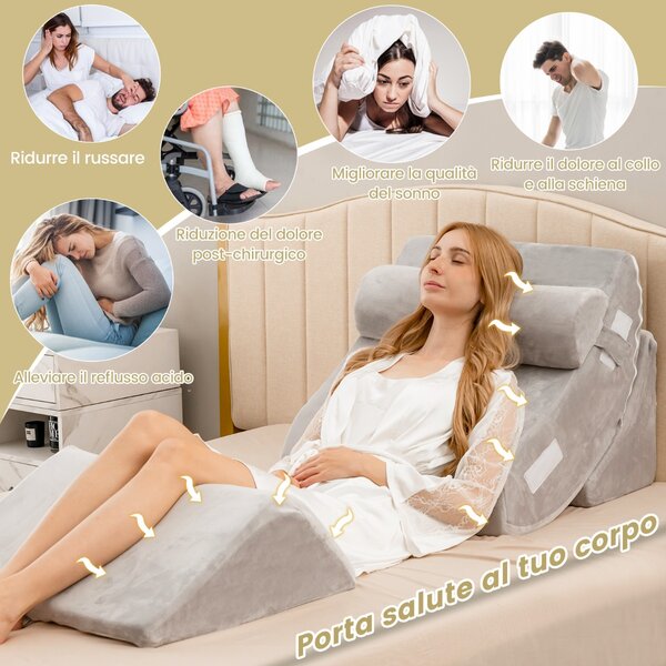 Costway Cuscino a cuneo in memory foam per letto con 4 pezzi, Set di cuscini di sostegno regolabile con poggiatesta Grigio