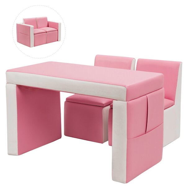 Costway Set tavolo e sedia multifunzionale per bambini, Divano poltrona per bambini in PVC e legno Rosa e bianco