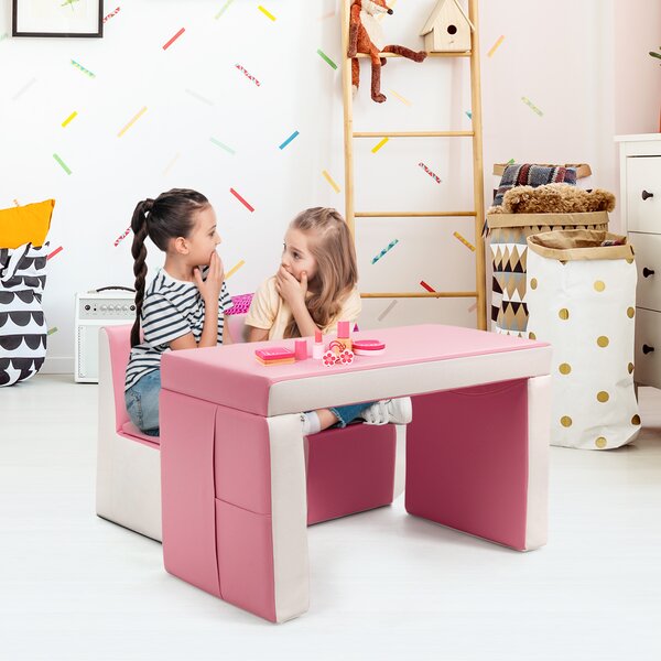 Costway Set tavolo e sedia multifunzionale per bambini, Divano poltrona per bambini in PVC e legno Rosa e bianco