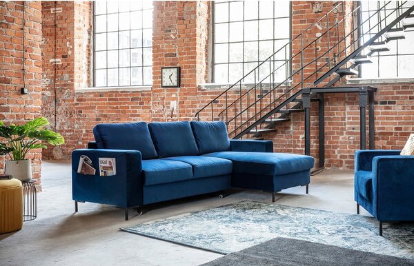 Divano letto angolare in velluto blu navy, angolo destro Lofty Lilly - Miuform