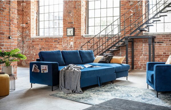 Divano letto angolare in velluto blu navy, angolo destro Lofty Lilly - Miuform