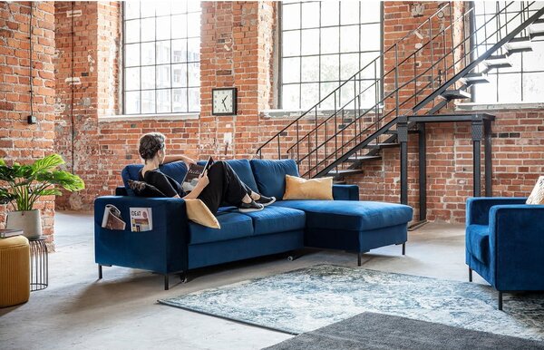 Divano letto angolare in velluto blu navy, angolo destro Lofty Lilly - Miuform