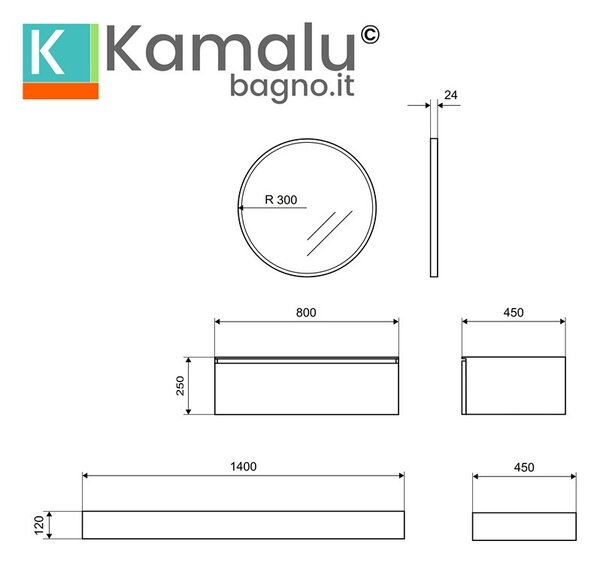 Kamalu composizione bagno sospesa mobile 80cm e mensolone da 140cm | kam-kk801