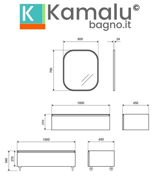 Kamalu composizione bagno con mobile a rotelle e mobile sospeso 100 cm | kam-kk1002