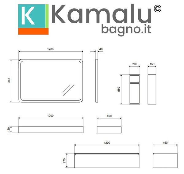 Kamalu composizione bagno sospesa mobile e mensolone da 120cm | kam-kk1201