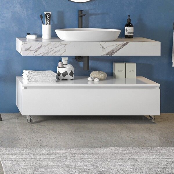 Kamalu composizione bagno 120 cm con mobile a terra e mensolone effetto marmo | kam-kk1203m