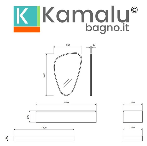 Kamalu composizione bagno sospesa mobile e mensolone da 140cm | kam-kk1400