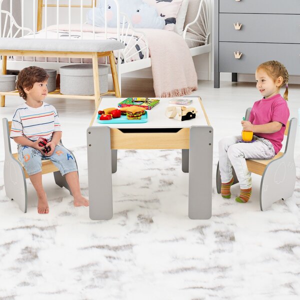Costway Set di tavolo e sedie per bambini con deposito lavagna rimovibile, Set di mobili 3 PCS per ragazzi e ragazze Grigio