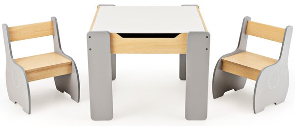 Costway Set di tavolo e sedie per bambini con deposito lavagna rimovibile, Set di mobili 3 PCS per ragazzi e ragazze Grigio