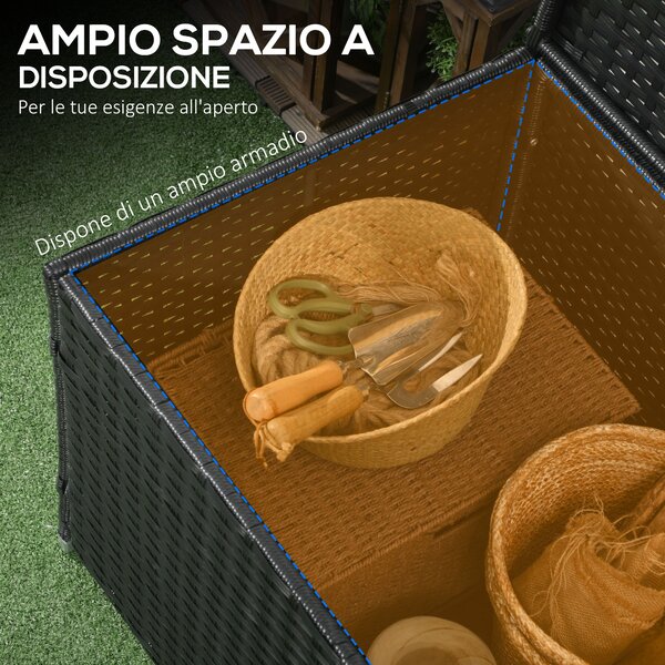 Outsunny Baule da Giardino in Rattan e Acciaio Cassapanca da Esterno con Coperchio, 95x60x58cm, Nero|Aosom