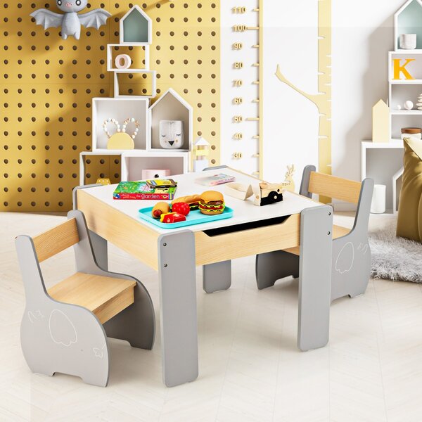 Costway Set di tavolo e sedie per bambini con deposito lavagna rimovibile,  Set di mobili 3 PCS per ragazzi e ragazze Grigio