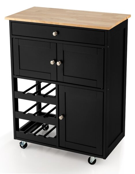 Costway Carrello da cucina con portabottiglie a 3 livelli e cassetto, Isola da cucina con superficie in legno Nero