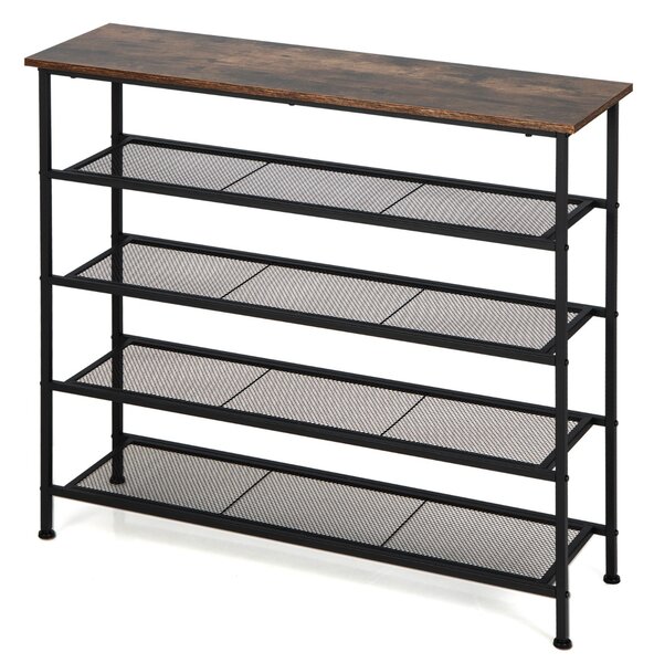 Costway Scarpiera in metallo a 5 livelli con ripiani in rete metallica piano in legno, Scaffale portascarpe Marrone