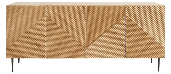 Credenza design in legno massello di rovere chiaro con incisioni e metallo nero 4 ante L180 cm ARCHIPEL