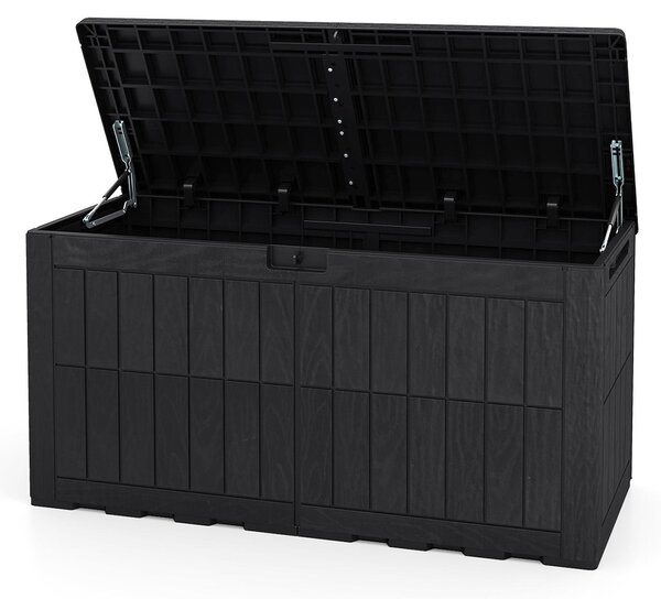 KOMFOTTEU - Contenitore resistente alle intemperie da 380 litri, scatola di stoccaggio con coperchio, dotata di ammortizzatori a gas e maniglie, 2-in-1: panchina da esterno e contenitore per cuscini, attrezzi da giardino e accessori per la piscina