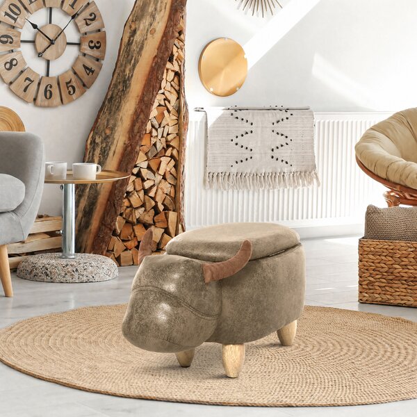 HOMCOM Poggiapiedi per Divano in Tessuto Effetto Pelle Scamosciata con Gambe in Legno Contenitore a Forma di Bufalo, 62x35x36cm, Marrone|Aosom