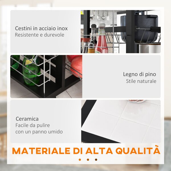 HOMCOM Carrello da Cucina con 4 Cestini Rimovibili e 4 Scomparti Laterali Nero, 57 x 37 x 83|Aosom