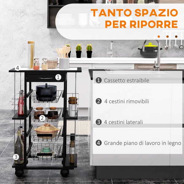 HOMCOM Carrello da Cucina con 4 Cestini Rimovibili e 4 Scomparti Laterali Nero, 57 x 37 x 83|Aosom