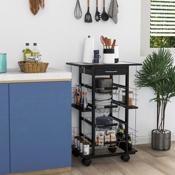 HOMCOM Carrello da Cucina con 4 Cestini Rimovibili e 4 Scomparti Laterali Nero, 57 x 37 x 83|Aosom