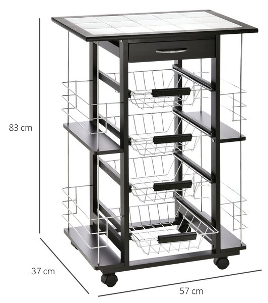 HOMCOM Carrello da Cucina con 4 Cestini Rimovibili e 4 Scomparti Laterali Nero, 57 x 37 x 83|Aosom