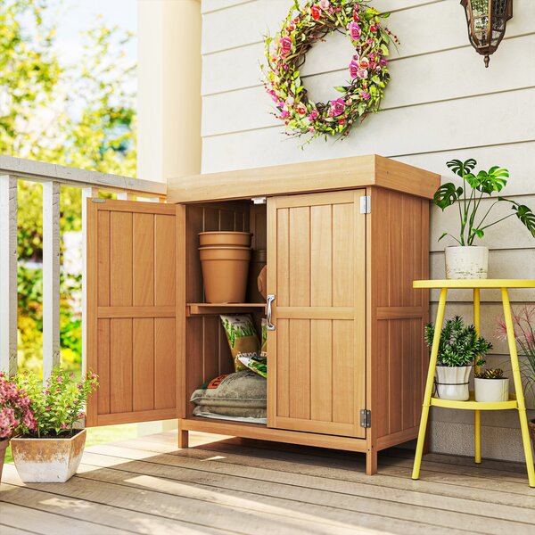 Outsunny Casetta da Giardino con Tetto apribile, Armadio a 2 Ripiani in Legno di Abete,74x43x88 cm, Legno naturale | Aosom Italy