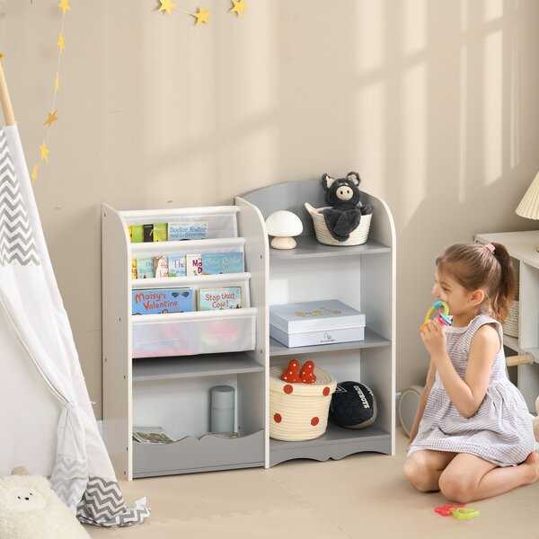 ZONEKIZ Scaffale Portagiochi per Bambini con Ripiani in Legno, 85x26x84cm, Grigio|Aosom
