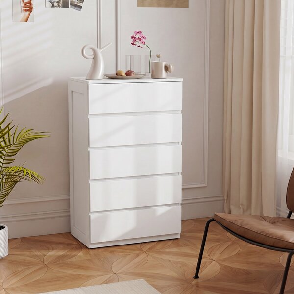 HOMCOM Cassettiera 5 Cassetti in Legno con Maniglie Scanalate, 60x38x100cm, Bianco