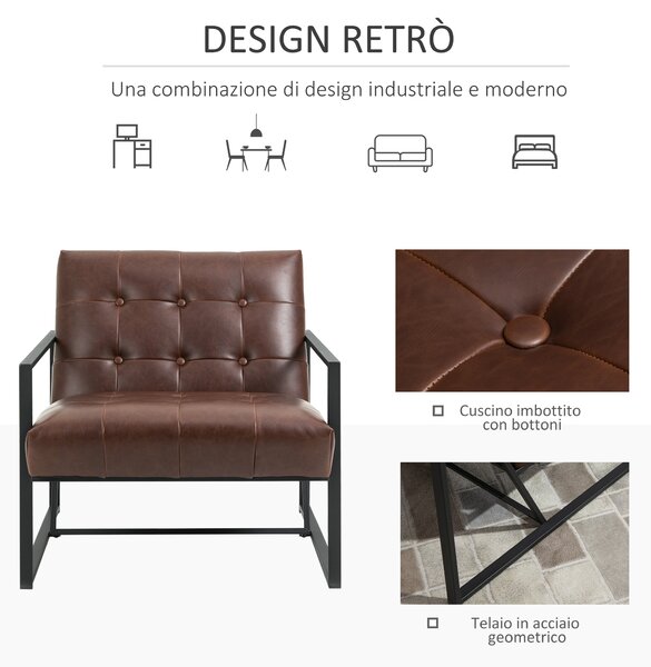 HOMCOM Poltrona Stile Industriale Trapuntata a Bottoni, Arredamento Moderno Poltroncina in Metallo e PU, 62x74x78cm Marrone
