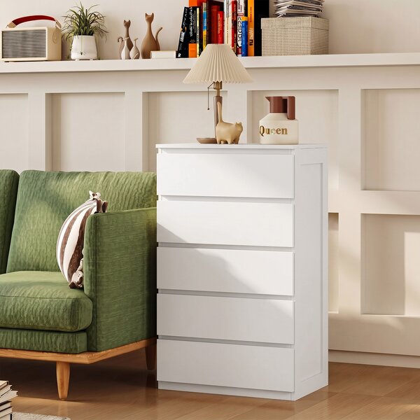 HOMCOM Cassettiera 5 Cassetti in Legno con Maniglie Scanalate, 60x38x100cm, Bianco
