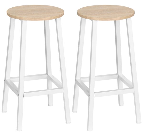 HOMCOM Set 2 Sgabelli da Cucina in Truciolato e Acciaio con Piano Liscio e Poggiapiedi, 32.5x32.5x65 cm, Bianco e Legno|Aosom