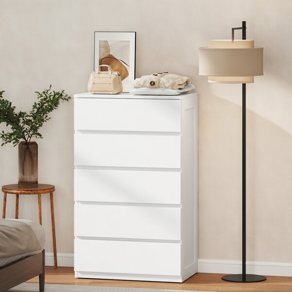 HOMCOM Cassettiera 5 Cassetti in Legno con Maniglie Scanalate, 60x38x100cm, Bianco