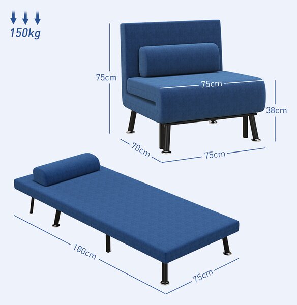 HOMCOM Poltrona Letto con Schienale Regolabile in 5 Posizioni, in Tessuto Effetto Lino e Acciaio, 75x70x75 cm, Blu Scuro
