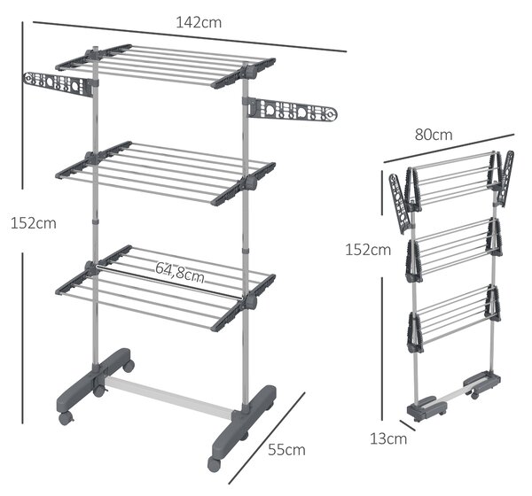 HOMCOM Stendino Verticale con 3 Ripiani Regolabili, in Acciaio e Plastica, 142x55x152 cm, Grigio e Argento
