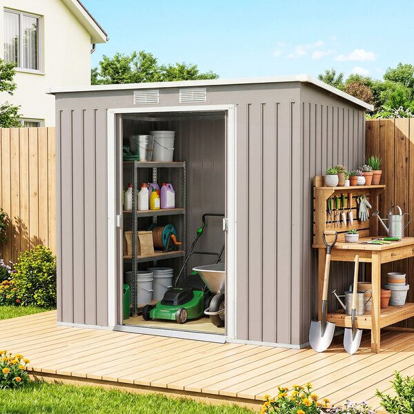 Outsunny Casetta da Giardino con Tetto Inclinato, 2 Ingressi e Prese d'Aria, Capanno Attrezzi in Acciaio Zincato, 213x130x172 cm, Grigio | Aosom Italy