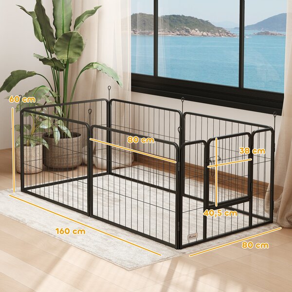 PawHut Recinto per Cani a 6 Pannelli Modulabili da 80x1.5x60 cm in Acciaio Nero con Porta di Ingresso