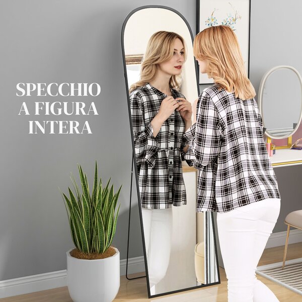 HOMCOM Specchio da Terra e Parete Moderno in Lega di Alluminio con Supporto Pieghevole, 50x170 cm, Nero | Aosom Italy