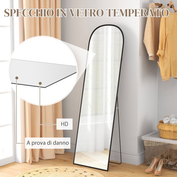 HOMCOM Specchio da Terra e Parete Moderno in Lega di Alluminio con Supporto Pieghevole, 50x170 cm, Nero | Aosom Italy