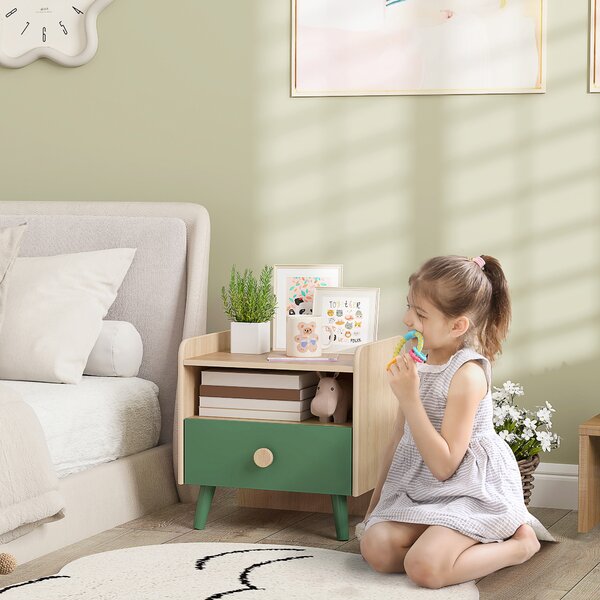 AIYAPLAY Comodino con Cassetto per Bambini 3-10 Anni in Legno e Legno di Pino, 40x32.5x40 cm, Verde | Aosom Italy
