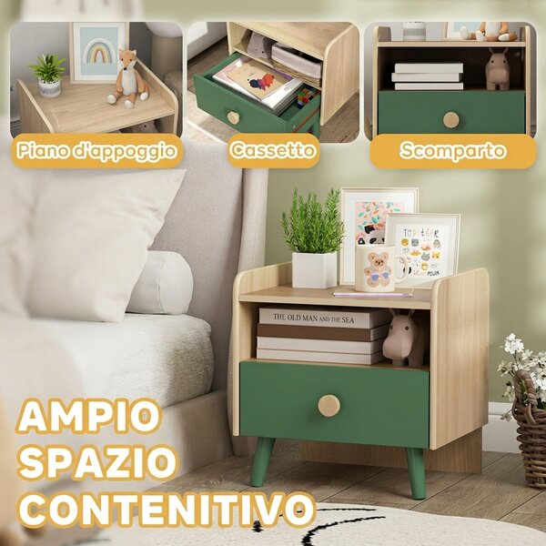 AIYAPLAY Comodino con Cassetto per Bambini 3-10 Anni in Legno e Legno di Pino, 40x32.5x40 cm, Verde | Aosom Italy