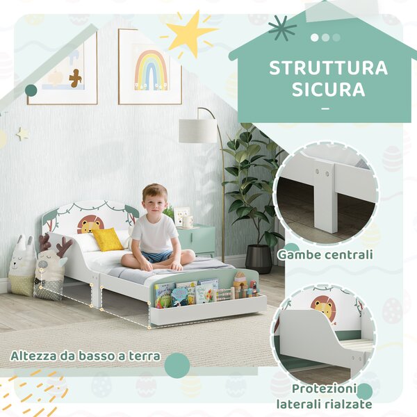 AIYAPLAY Letto per Bambini 3-8 Anni Basso in Legno con Spazio Contenitore e Sponde Laterali, 150x77x60 cm, Verde | Aosom Italy
