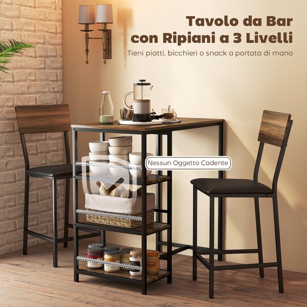 HOMCOM Tavolo da Bar a 3 Ripiani e 2 Sgabelli con Poggiapiedi e Schienale, in Legno e Acciaio, Nero e color Noce | Aosom Italy