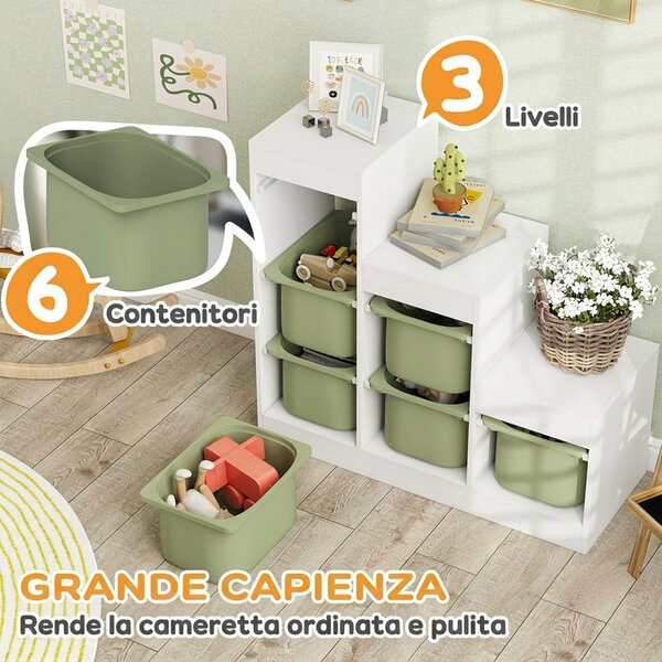 AIYAPLAY Scaffale Portagiochi a 3 Livelli con 6 Contenitori per Bambini da 3-8 Anni, 96x38.5x90cm, Verde | Aosom Italy