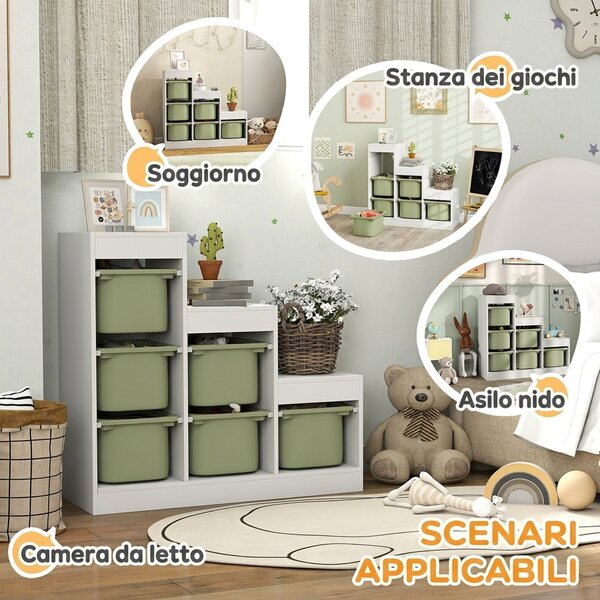 AIYAPLAY Scaffale Portagiochi a 3 Livelli con 6 Contenitori per Bambini da 3-8 Anni, 96x38.5x90cm, Verde | Aosom Italy