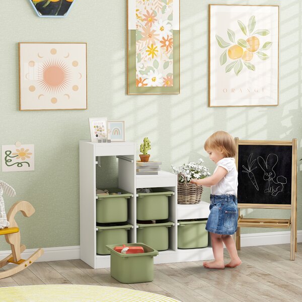 AIYAPLAY Scaffale Portagiochi a 3 Livelli con 6 Contenitori per Bambini da 3-8 Anni, 96x38.5x90cm, Verde | Aosom Italy