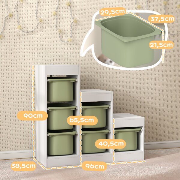 AIYAPLAY Scaffale Portagiochi a 3 Livelli con 6 Contenitori per Bambini da 3-8 Anni, 96x38.5x90cm, Verde | Aosom Italy
