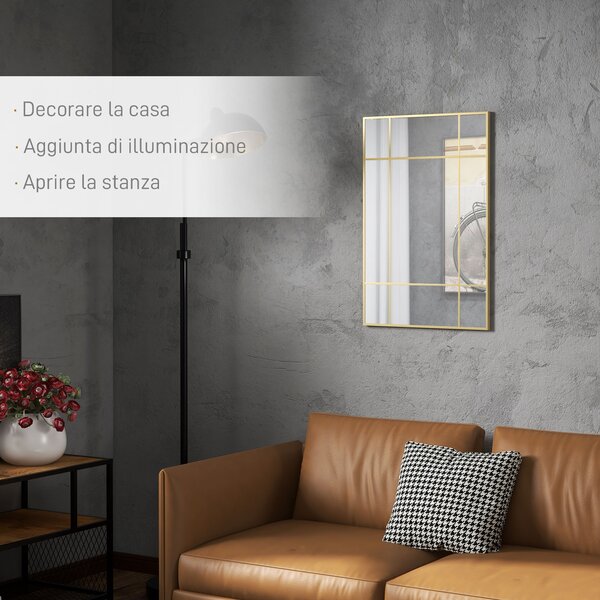 HOMCOM Specchio da Parete Stile Finestra con Montaggio Verticale e Orizzontale, 90x60 cm, Oro | Aosom Italy