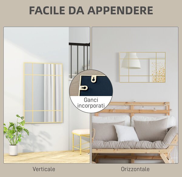 HOMCOM Specchio da Parete Stile Finestra con Montaggio Verticale e Orizzontale, 90x60 cm, Oro | Aosom Italy