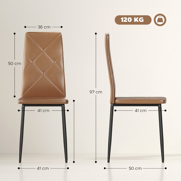 HOMCOM Set di 4 Sedie da Pranzo Moderne con Schienale Alto in Finta Pelle e Acciaio, 41x50x97 cm, Marrone | Aosom Italy