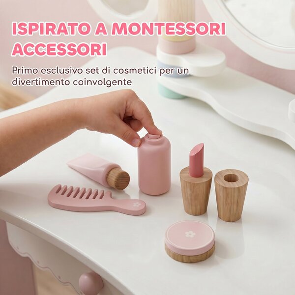 AIYAPLAY Toeletta Bambini con Sgabello, 3 Specchi e 5 Accessori, Postazione Trucco Bambina con Cassetto, 3+ Anni, Rosa | Aosom Italy