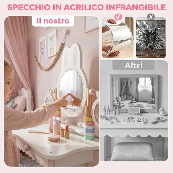 AIYAPLAY Toeletta Bambini con Sgabello, 3 Specchi e 5 Accessori, Postazione Trucco Bambina con Cassetto, 3+ Anni, Rosa | Aosom Italy